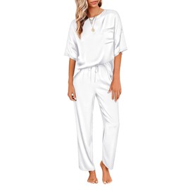 Ekouaer Womens Silk Satin Pajamas Set Two Piece Pj Sets Sleepwear Loungewear Short Sleeve Pj Sets White
