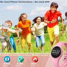 synwee Kids Led Fitness Tracker Wristwatch, Digital Step Counter Watch, Waterproof Pedometer Watch, Calendar Alarm Clock for Children Boys Girls (Pink) (Pink)