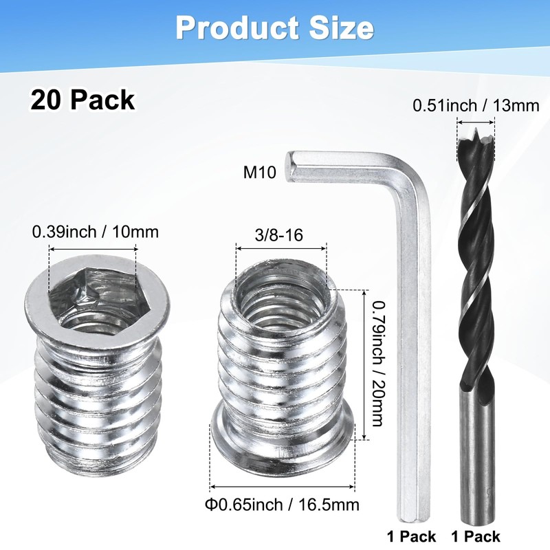M METERXITY 20-Pack Threaded Inserts for Wood, 3/8-16x20mm Hex Drive
