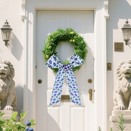 Blue Wreath Sash for Front Door - 2 Pcs Blueberry Wreath Sashes with Leaves for Summer Party Farmhouse, 60 Inch Buffalo Check Sashes for Wreaths DIY Bow Window Wall Home Decor