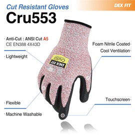 DEX FIT Level 5 Cut Resistant Gloves Cru553, 3D Comfort Stretch Fit, Power Grip, Durable Foam Nitrile, Smart Touch, Machine Washable, Thin & Lightweight, Red 6 (XS) 1 Pair