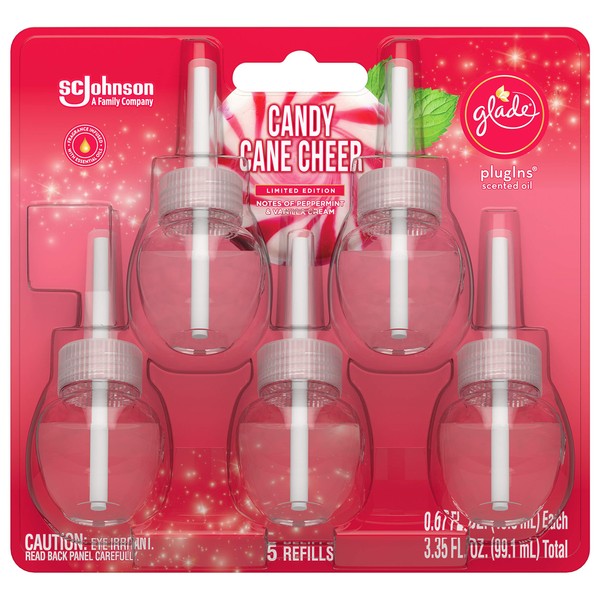 Glade PlugIns Refills Air Freshener, Scented and Essential Oils for Home and Bathroom, Candy Cane Cheer, 3.35 Fl Oz, 5 Count