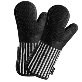 Alselo Silicone Oven Mitts Heat Resistant 932℉ with Waterproof & Non-Slip Kitchen Mittens, Set of 2 Extra Long Oven Gloves with Soft Cotton Terry Lining for Baking Cooking Barbecue (2, Black Mitts)