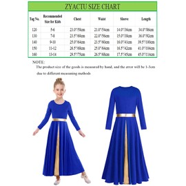 ZYACTU Girls Long Sleeve Praise Dance Dress Metallic Gold Liturgical Worship Costume Lyrical Costumes Church Robe Tag 150,Royal Blue, 11-12 Years