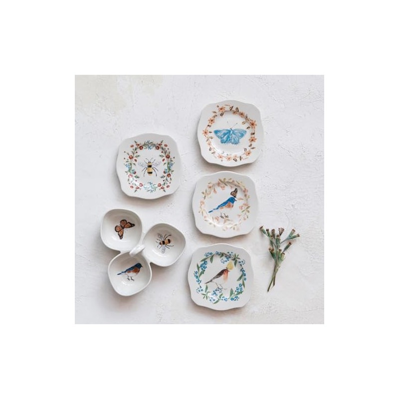 Scalloped Stoneware Plate with Insects, Birds & Flowers, Multi Color,