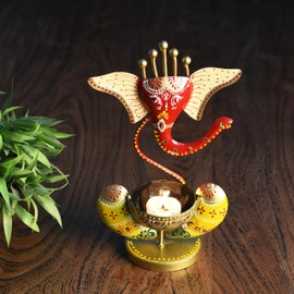 Malik Designs Metal Tealight Candle Holder | Ganesha-Themed Diya Holder for Home Decor | Elegant Spiritual Decor for Living & Pooja Rooms | Perfect for Festivals | Yellow & Red
