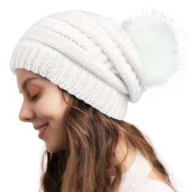 HSAJS Women's Beanie Hat Warm Winter Knitted Hat with Bobble Slouch Knitted Beanie Breathable and Lightweight for Winter Bobble Hat, black