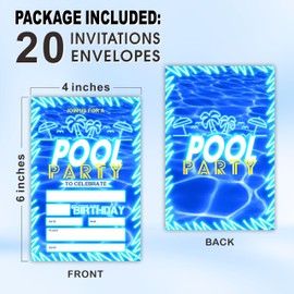 Pool Party Birthday Invitations With Envelopes- Neon Glow, Blue palm trees Pool Birthday Invite - Double-Sided Fill In Style Invites For Boys Kids Teens- Party Favor & Supplies (20 Sets)- C03