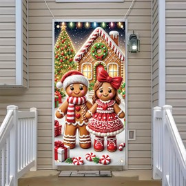 Saoplasa Christmas Door Cover Gingerbread Couple House Banner 71 x 35 Inch Candy Peppermint Bow Tree Present Backdrop Holiday Door Decoration for Front Porch Wall Hanging Winter Wonderland Party