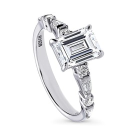 BERRICLE Sterling Silver Solitaire Wedding Engagement Rings 1.7 Carat Step Emerald Cut Cubic Zirconia CZ Vintage Inspired Art Deco Ring for Women, Rhodium Plated Size 5.5