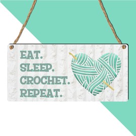 "Eat. Sleep. Crochet. Repeat." Sign - Fun Crochet-Themed Wall Plaque for Craft Rooms, Crochet Lovers, and Yarn Enthusiasts - MDF Wood with Rustic Twine Hanger