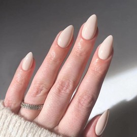 HaoTrade 30Pcs Almond French Tip False Nails, Press on Nails Short, Removable Glue-on Nails, Glossy Nake White False Nails with Glue Stickers, Oval Acrylic Full Cover Fake Nails, Nail Art Accessories