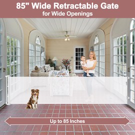 85 Inch Wide Baby Gate for Wide Openings Indoor Retractable Baby Gates Outdoor Retractable Dog Gate Mesh Gates for Kids or Pets Long Pet Gate for Doorways Long Dog Gate for Stairs, Porches, White