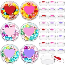 Marsui 24 Pcs 3.7 oz Valentine's Day Candy Boxes Plastic Treat Box with Heart Print Lid Clear Round Box Valentines Day Basket Stuffer for Cookie Candy Valentine Party Favor Soft Clay (Warm Color)