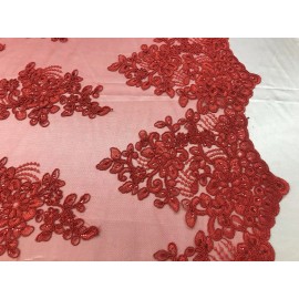 Mia Fabrics Inc Red Lace Corded Design Embroidered With Sequins Mesh Lace Fabric By The Yard