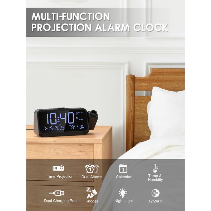 ROCAM Projection Alarm Clock, Digital Alarm Clocks for bedrooms with