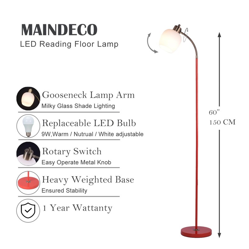 MAINDECO Gooseneck Floor Lamp,Height Adjustable,3 Color,Flexible Sofaside Reading Pole Lamp,Red