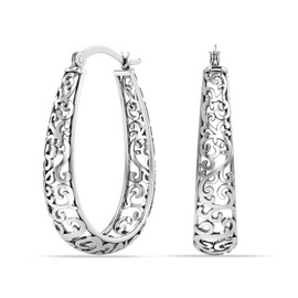 Charmsy 925 Sterling Silver Hoop Earrings for Women | Filigree Earrings | Lightweight Antique Oval Hoop Earring for Women 27mm