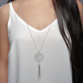 MOLOCH Long Necklaces For Woman Disk Circle Pendant Necklaces Tassel Fringe Necklace Set Statement Pendant (silver)