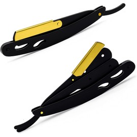 Lodhry Maquinilla de afeitar profesional de borde recto para hombres + cuchillas individuales, afeitadora manual para hombre, calidad de salón, corte de garganta, navajas para Barbero negro mate, 11 piezas (clip chapado en oro)