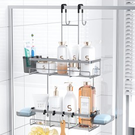 Hanging Shower Caddy Over Door: Silver Rustproof Shower Organizer over the Door - No Drilling Bathroom Rack for Inside Shower