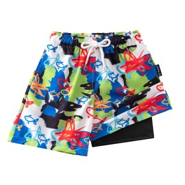 EZ Moms Youth Boys Swim Trunks with Compression Liner Stretch Toddler Swim Shorts Quick Dry Anti-Chafe Swimming Trunks for Boys Board Shorts 8-10 Boy Bathing Suit with Boxer Brief Liner Boy Swimwear