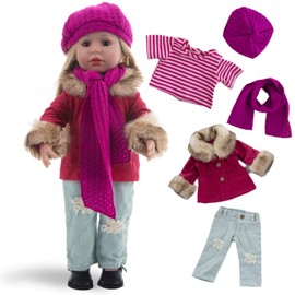Rakki Dolli American - Juego de ropa de muñeca de 18 pulgadas, juego de 5 piezas de chamarra rojo de moda incluye chamarra cálido, camisa, jeans, sombrero de punto rosa y bufanda de punto, trajes