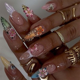 Summer Press on Nails Medium Almond - Summer Nail Design with Tropical Flower,Rhinestone & Gold Pearls | Beach Nails Press ons | Reusable,Glossy,Full Cover Stick on Nails for Women Manicure 30 Pcs