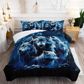 AILONEN Wolf Print Bedding Set Queen Comforter Set, Cartoon Animals Wolf Comforter Set,Nigh Starry Outdoor Wolf Bed in a Bag Duvet Set 3 Pieces, 1 Quilt and 2 Pillowcases