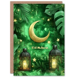 Artery8 Eid Mubarak Greeting Card Crescent Moon Lanterns Green Plants Blank For Him Or Her Art Eid al-Fitr Card