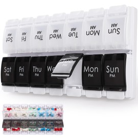 Geepen 7 Day Pill Organizer, Weekly Pill Organize Case, 14 Compartments Push Button AM PM 2 Times A Day, for Travel/Pills/Supplements Black White
