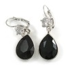 Black/Clear CZ, Glass Teardrop Earrings With Leverback Closure In Silver