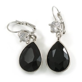 Black/Clear CZ, Glass Teardrop Earrings With Leverback Closure In Silver Tone - 45mm L