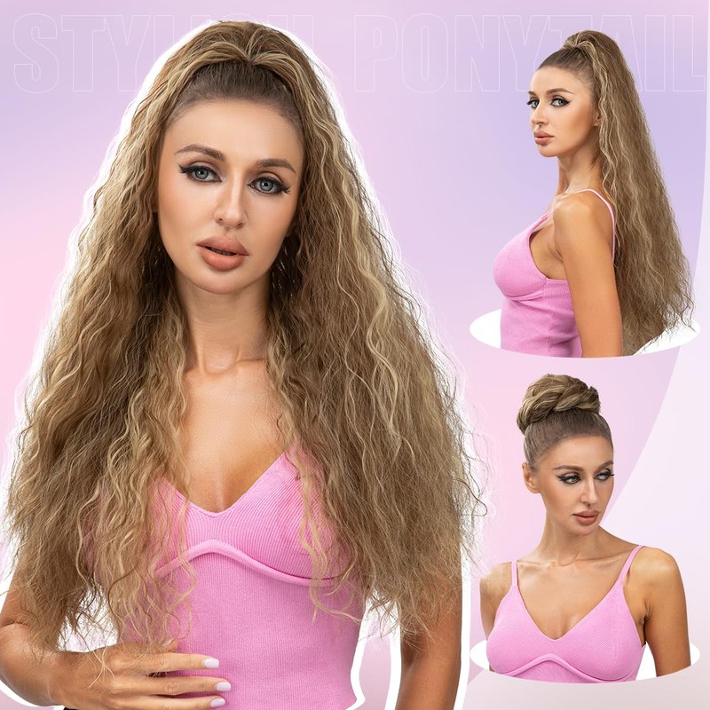 YUMOREAL Drawstring Ponytail Extension 26inch Long Fluffy Wavy Hairpiece for