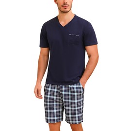 Bresdk Men's Pyjamas Short Cotton Summer Set for Men Sleepwear Checked, Blue01 M216