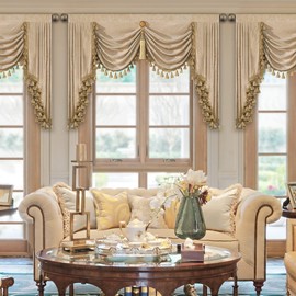 Loom and Mill Thick Chenille Waterfall Valance for Living Room, Luxury Swag Valances with Multi-Tassels & Pendant, Beige Swag Curtains for Bedroom Kitchen Dining Room Window Decor(W59Inch,1 Panel)