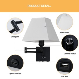 PFQCGU Swinging arm Wall lamp, Fabric lampshade, with Plug and dimming Rotary Switch, USB and Type-C Charging Port, Suitable for Bedside, Living Room, Hotel and Bedroom Wall Lamps