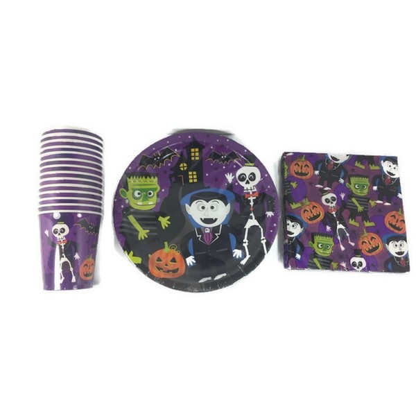 Dracula, Frankenstein, And Skeltons, Oh My! Disposable Party Supplies Bundle. 3 Items: Paper Plates, Napkins, And Cups. Serves 18