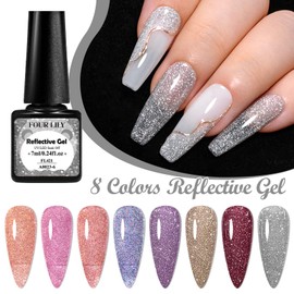 Four Lily Reflective Glitter Gel Nail Polish Set of 8 Colors Pink Pink Brown Shimmer Sparkle Gel Polish Collection Kit LED Soak Off Nail Polish Manicure Art Gel Kit Home DIY Nail Salon