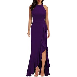 WOOSEA Women's High Neck Split Bodycon Mermaid Evening Cocktail Long Dress Purple