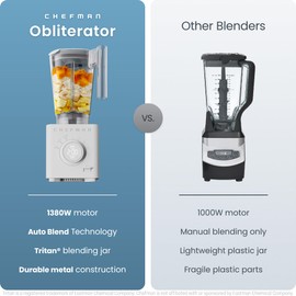 Chefman Obliterator 48 oz Countertop Blender for Smoothies, 1380W Motor to Crush Ice, Nuts, and Frozen Fruit with Stainless Steel Blade, Auto Blend Function, Includes Tamper and Scraper