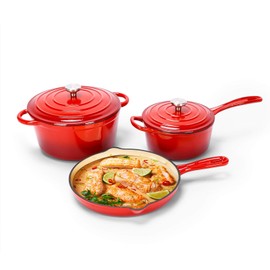 Enameled Cast Iron Cookware Set - 3 PC Set of 5.5QT Dutch Ovens, 2QT Sauce Pan, 10.2 Inch Ceramic Frying Pan, Ceramic Coated Cast Iron Dutch Ovens set, Heavy Duty, Gas/Induction Compatible,Red