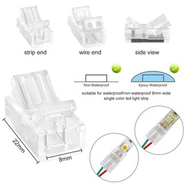 JDCMEI 20pcs 2 Pin 8mm COB LED Connector, 2 Pin LED COB Strip Connector, Transparent Solderless LED Flashing Adapter, LED Solderless Strip Connector for COB/SMD LED Strips