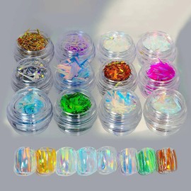 XEAOHESY 12 Boxes Gradient Aurora Glass Paper Nail Sticker Foil Nail Art Holographic Multi-Color Glass Reflective Mirror Design Broken Glass Stripe Line Nail Decals Cellophane Films(Color 21#-32#)