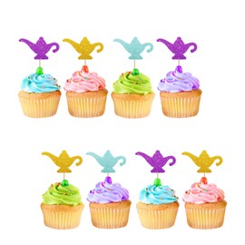 24pcs Genie Lamp Cupcake Toppers, Lamp Sign Cupcake Toppers, Gold Glitter Lamp Silhouette Cupcake Picks for Baby Shower, Magic Genie Lamp Themed Birthday Party Supplies