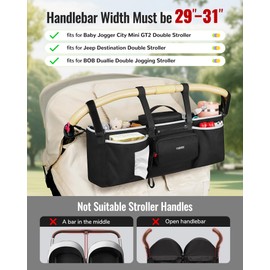 YOREPEK Heavy Duty Double Stroller Organizer for Bob Duallie, Baby Jogger City Mini GT2 and Jeep,Stroller Caddy with Detachable Cooler Bag and Handbag,Stroller Storage Attachment for Baby Accessories
