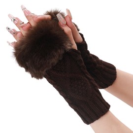 CABODYALS 2 Pairs Brown Knit Fingerless Gloves Winter Crochet Coffee Furry Arm Warm Sleeves Soft Fluffy Knitting Thumb Hole Faux Fur Hand Wrist Warmer Mittens for Women Typing Driving Outings