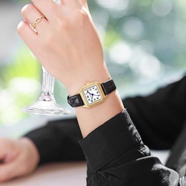 VXFAIZY Dainty Square Watch for Women with Easy Read Arabic Numeral Ladies Dress Watches (Black Gold)