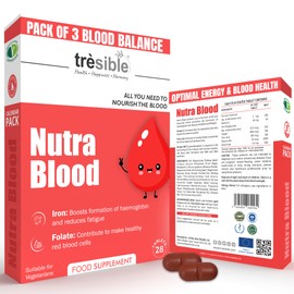 Trèsible Nutra Blood Iron Tablets High Strength (Pack of 3) Vitamins C, B12 - B6 & Folic Acid Iron Supplement for Women & Men to Reduce Tiredness & Fatigue, Iron Tablets Women & Men (12-Week Supply)