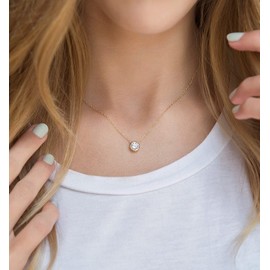 ASCOMY Dainty 14k Gold Plated Round Cubic Zirconia Solitaire Pendant Necklaces for Women Tiny Single Sparkly CZ Simulated Diamond Necklace Simple Shinning Bride Bridesmaids Weeding Jewelry Gift